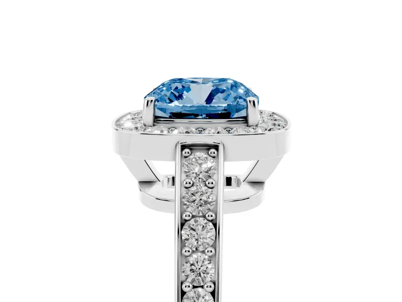 Fancy Blue Cushion Cut Diamond Halo Pavé Engagement Ring Set in Platinum with Bezel Setting
