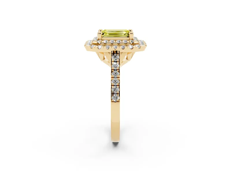 Emerald Cut Double Halo Engagement Ring Setting for a Fancy Yellow Lab-Grown Diamond | Pave Shoulders | Yellow Gold