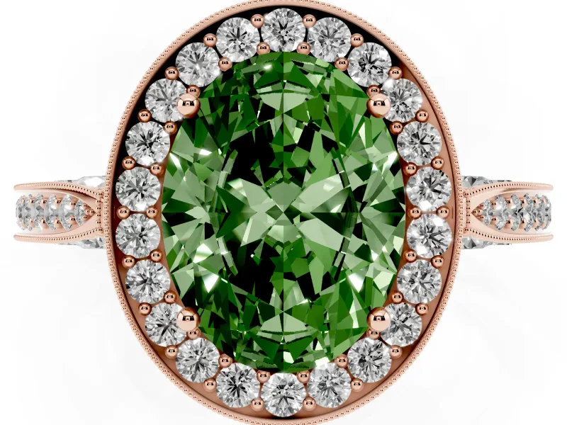 Oval Milgrain Halo Engagement Ring Setting for a Fancy Green Lab-Grown Diamond | Side Stones | Rose Gold