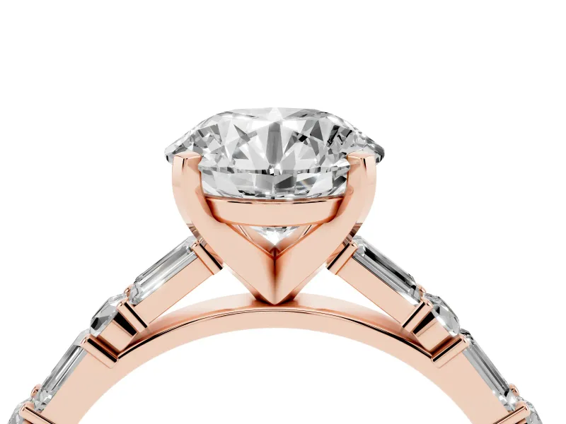 Round Baguette Side Stone Engagement Ring Setting | Alternating Accents | Rose Gold