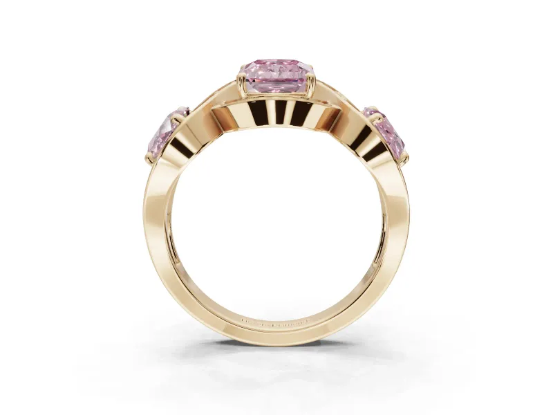 Radiant Cut Three Stone Halo Engagement Ring Setting for a Fancy Pink Lab-Grown Diamond | Pavé Wave Band | Yellow Gold