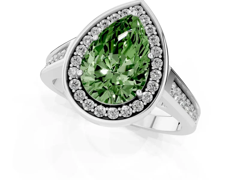 Fancy Green Pear Cut Diamond Halo Solitaire Ring Set in Platinum with Pavé Band and Bezel Setting