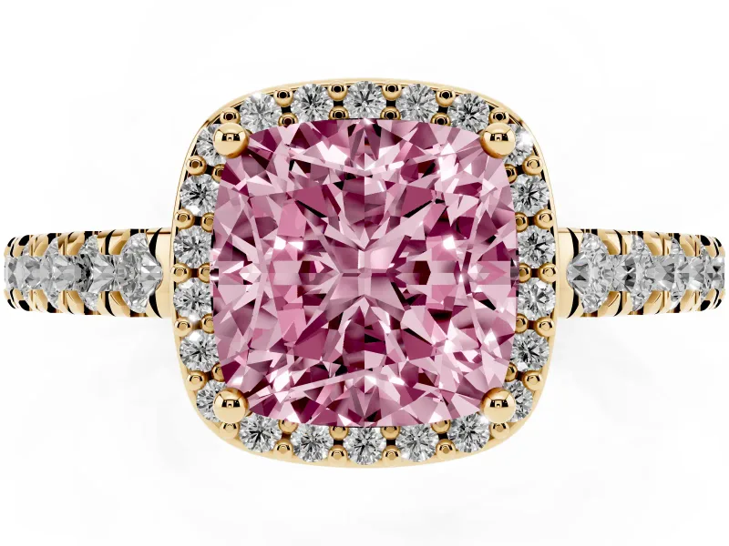 Fancy Pink Cushion Cut Diamond Halo Engagement Ring Set in Yellow gold with Pavé Band and Prong Setting