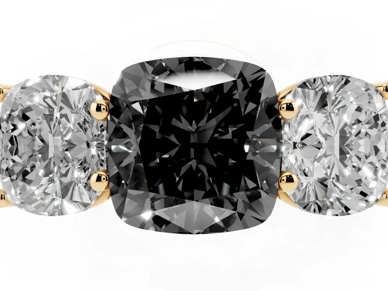 Cushion Cut Three Stone Engagement Ring Setting for a Black Center | Basket Prong Heads | Yellow Gold