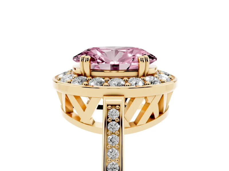 Oval Halo Engagement Ring Setting for a Fancy Pink Lab-Grown Diamond | Polished Halo Rim | Yellow Gold
