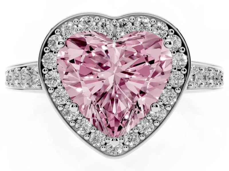 Fancy Pink Heart Cut Diamond Halo Pavé Engagement Ring Set in Platinum with Bezel Setting