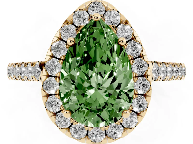 Pear-Shaped Halo Engagement Ring Setting for a Fancy Green Lab-Grown Diamond | Pave Shoulders | Yellow Gold