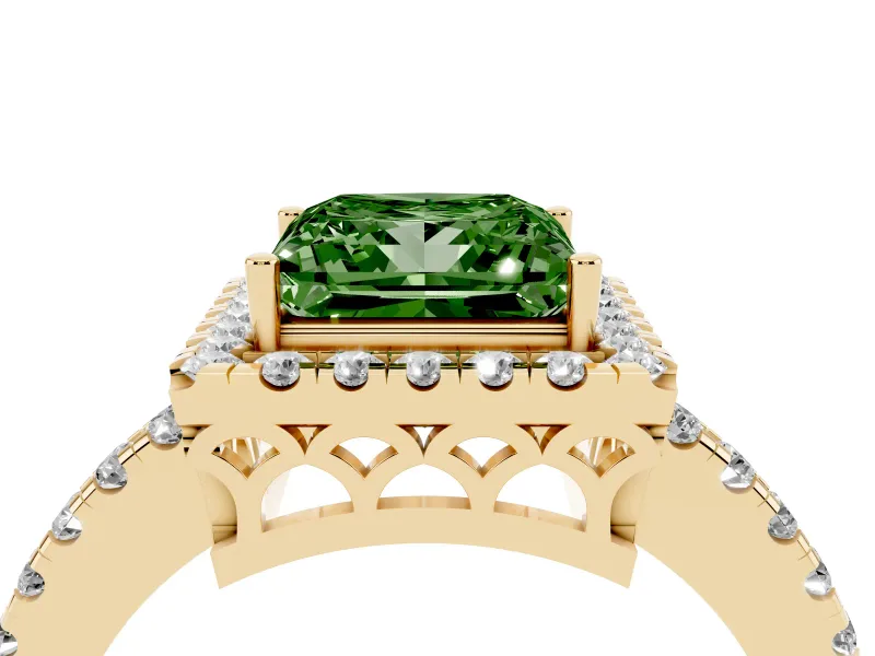 Fancy Green Princess Cut Diamond Pavé Band Halo Engagement Ring Set in Yellow gold with Prong Setting