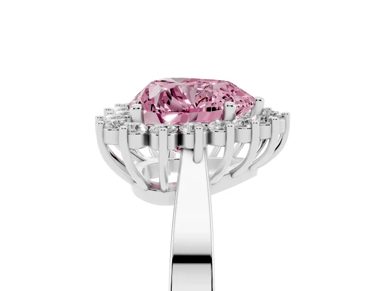 Fancy Pink Heart Cut Diamond Halo Ring Set in Platinum with Round Halo and Smooth Solitaire Band