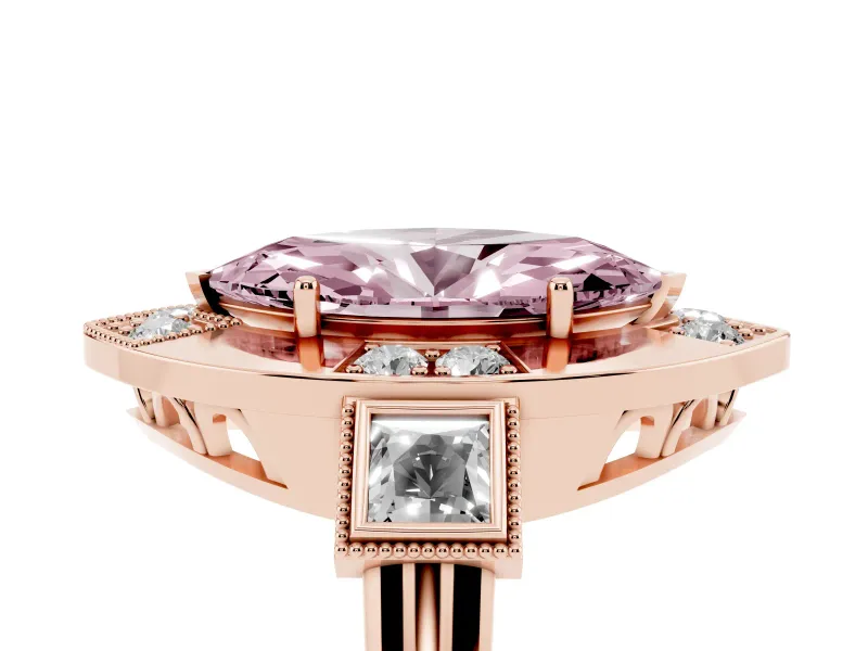 Fancy Pink Marquise Cut Diamond Milgrain Halo Ring Set in Rose gold with Split Shank