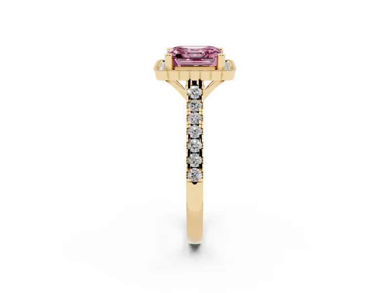 Fancy Pink Asscher Cut Diamond Milgrain Floral Halo Engagement Ring Set in Yellow gold with Pavé Band