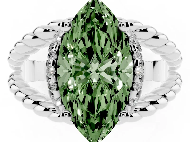 Fancy Green Marquise Cut Diamond Halo Ring Set in White gold with Twisted Band and Prong Setting