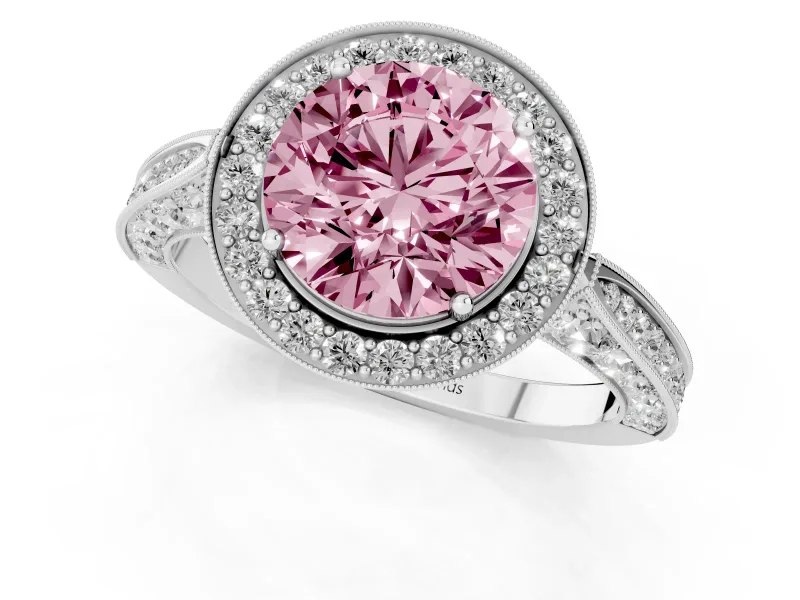 Round Milgrain Halo Engagement Ring Setting for a Fancy Pink Lab-Grown Diamond | Side Stones | Sterling Silver