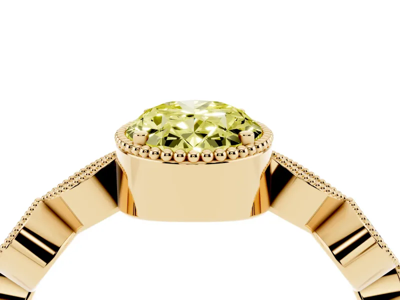 Fancy Yellow Oval Cut Diamond Vintage-Inspired Milgrain Ring Set in Yellow gold with Marquise Stations of Round Accents