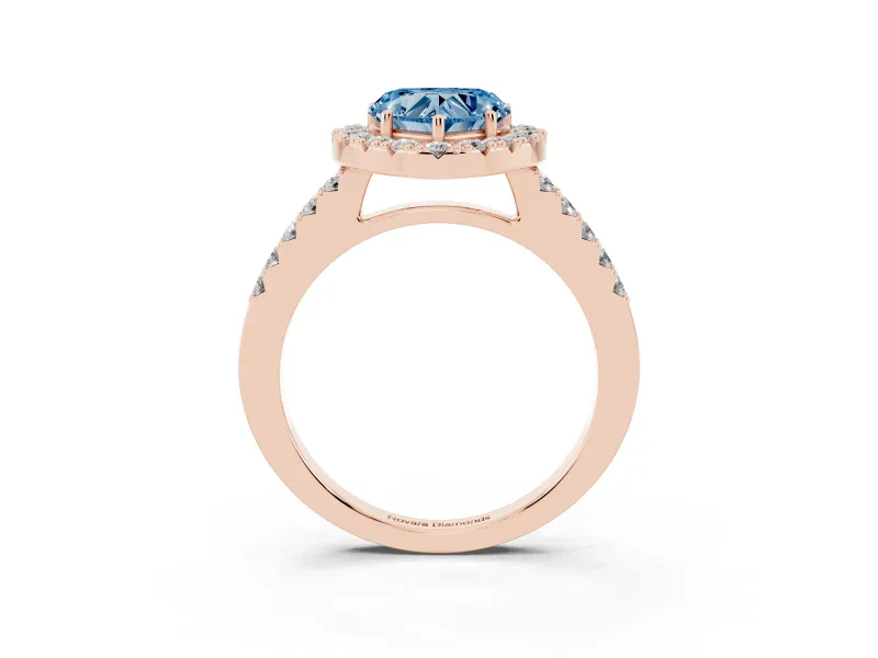 Heart-Shaped Halo Engagement Ring Setting for a Fancy Blue Lab-Grown Diamond | Single Row Pavé Band | Rose Gold
