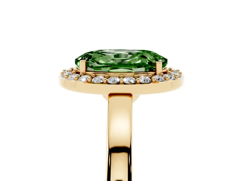 Fancy Green Oval Cut Diamond Halo Ring Set in Yellow gold with Solitaire Band and Prong Setting