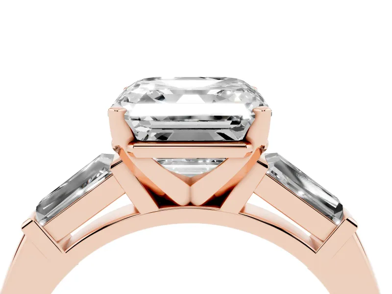 Asscher Cut Diamond Solitaire Ring Set in Rose gold with Tapered Baguette Side Stones and Prong Setting