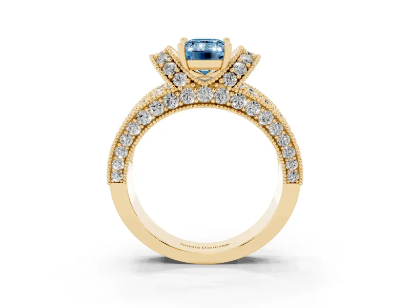 Emerald Cut Vintage Pave Engagement Ring Setting for a Fancy Blue Lab-Grown Diamond | Milgrain Edges | Yellow Gold