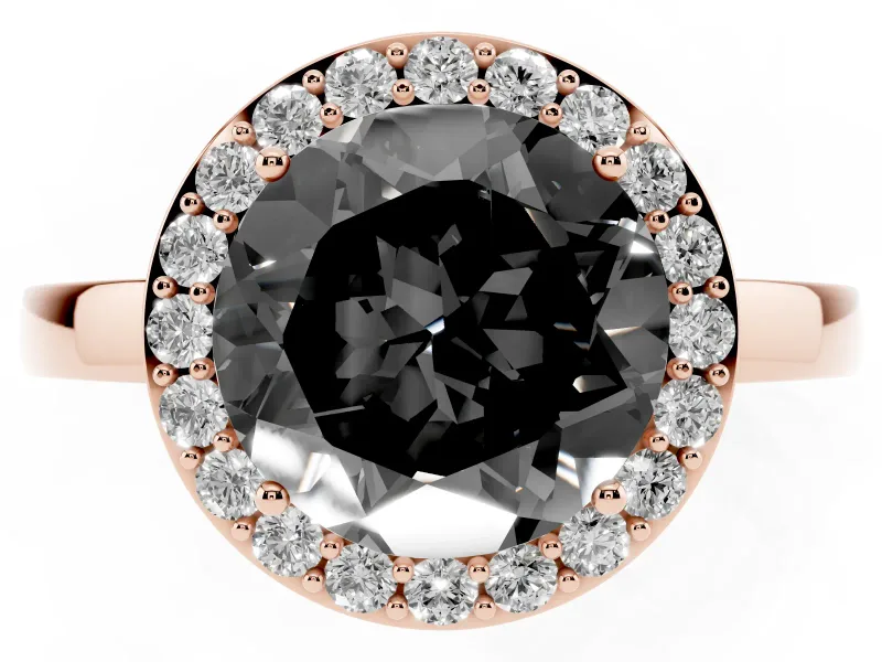 Fancy Black Round Cut Diamond Halo Ring Set in Rose gold with Solitaire Band and Prong Setting
