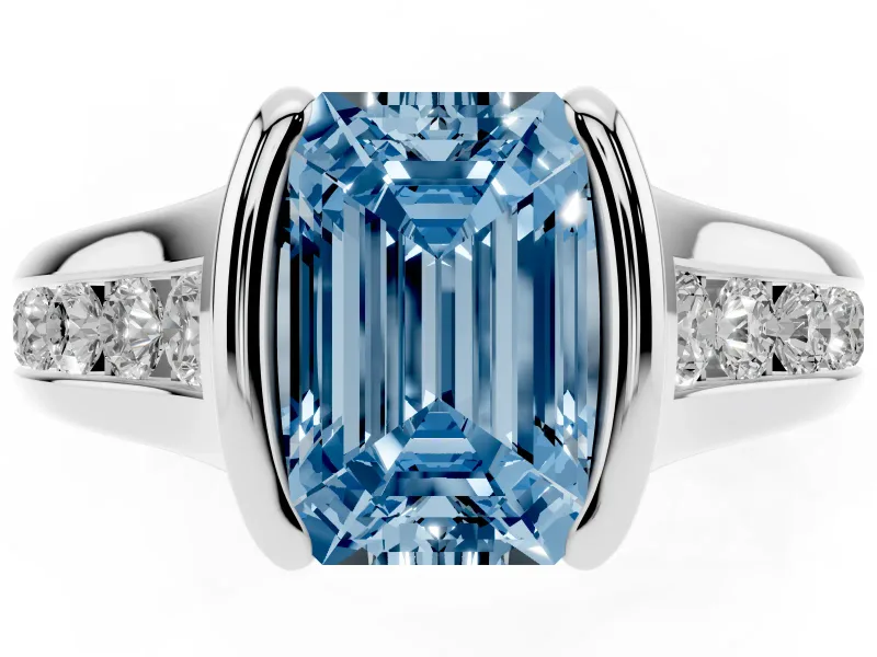 Emerald Cut Half Bezel Engagement Ring Setting for a Fancy Blue Lab-Grown Diamond | Sterling Silver