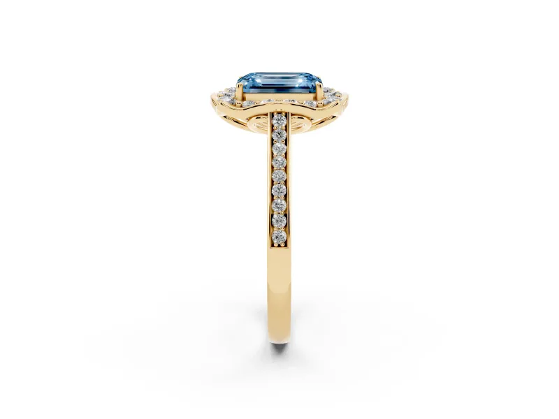 Emerald Cut Petal Tip Halo Engagement Ring Setting for a Fancy Blue Lab-Grown Diamond | Pavé Band | Yellow Gold