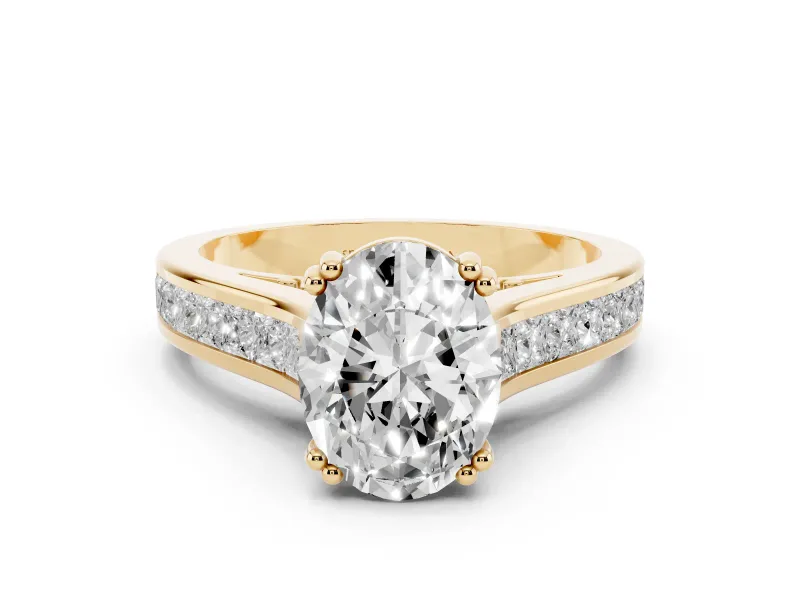 Oval Cut Diamond Channel Set Solitaire Engagement Ring Set in Yellow gold with Prong Setting
