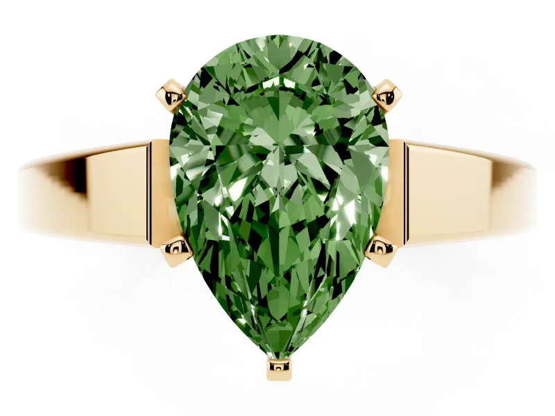 Fancy Green Pear Cut Diamond Solitaire Engagement Ring Set in Yellow gold with Prong Setting and Tapered Band