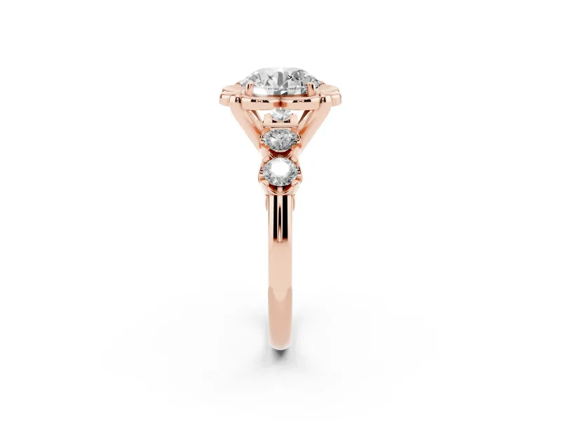 Round Floral Engagement Ring Setting | Petal Frame and Side Stones | Rose Gold