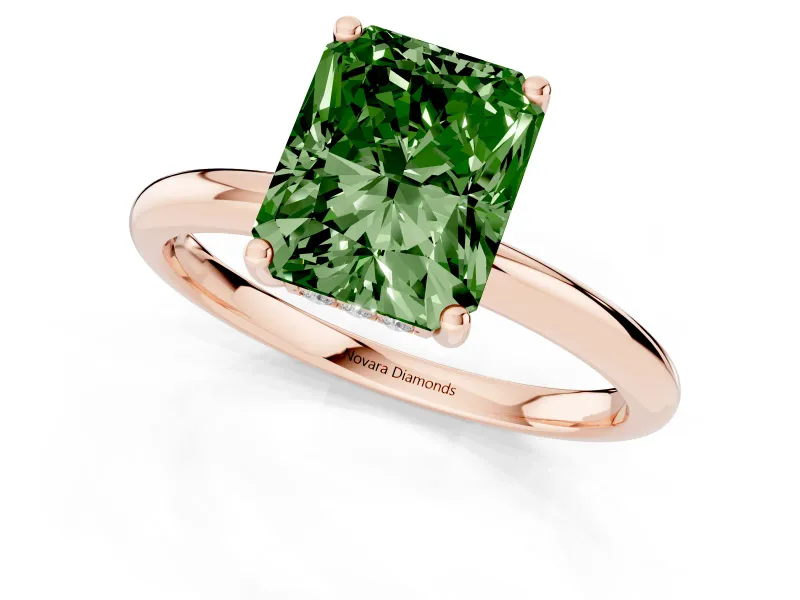 Fancy Green Radiant Cut Diamond Solitaire Engagement Ring Set in Rose gold with Prong Setting and Polished Band