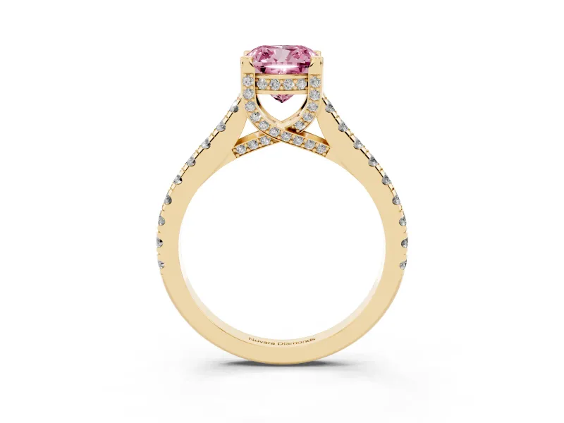 Cushion Cut Hidden Halo Pave Engagement Ring Setting for a Fancy Pink Lab-Grown Diamond | Claw Prongs | Yellow Gold