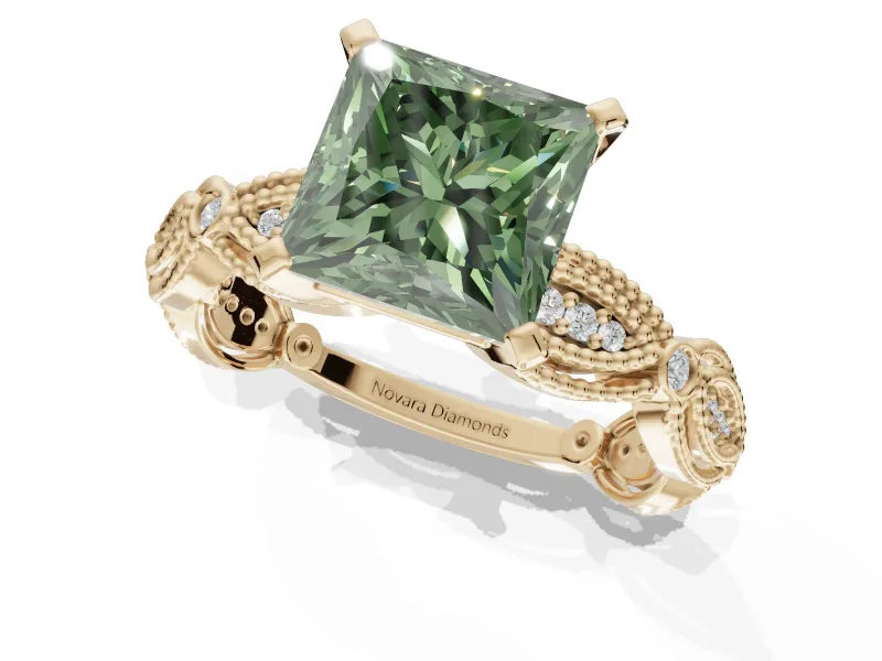 Princess Cut Vintage Engagement Ring Setting for a Fancy Green Lab-Grown Diamond | Graduated Stations | Yellow Gold