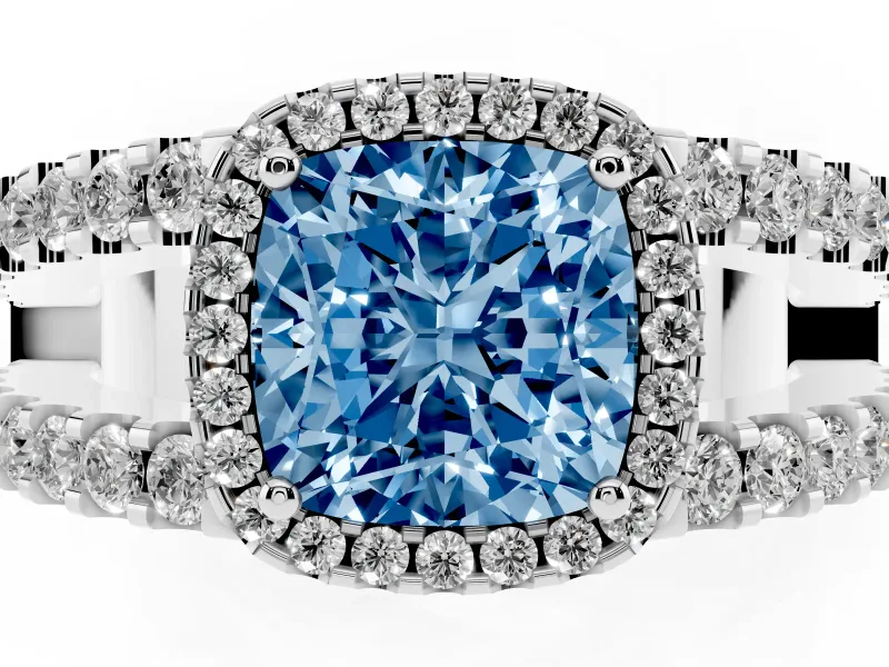 Fancy Blue Cushion Cut Diamond Halo Ring Set in White gold with Pavé Split Shank and Prong Setting