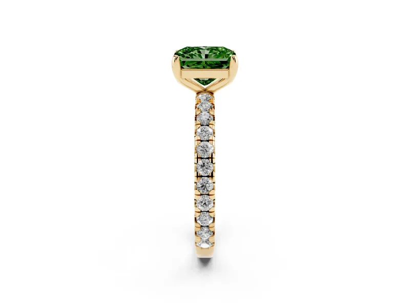 Fancy Green Radiant Cut Diamond Pavé Solitaire Ring Set in Yellow gold with Round Band and Prong Setting