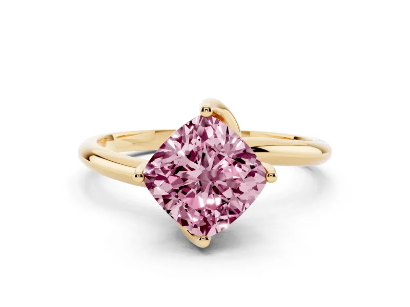 Fancy Pink Cushion Cut Diamond Solitaire Engagement Ring Set in Yellow gold with Classic Plain Band