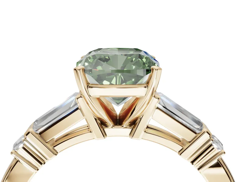 Cushion Cut Tapered Baguette Engagement Ring Setting for a Fancy Green Lab-Grown Diamond | Bar Set Sides | Yellow Gold