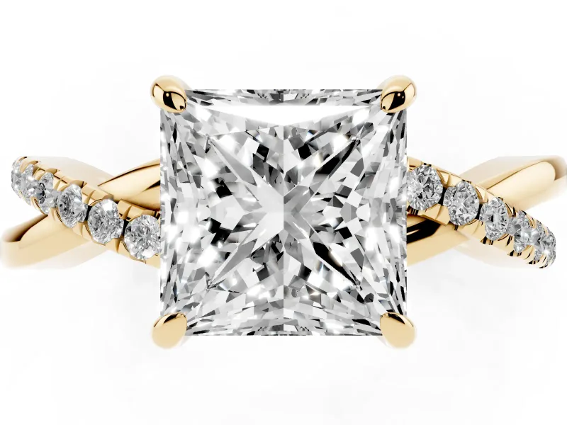 Princess Cut Diamond Twist Band Solitaire Set in Yellow gold with Pavé Accents and Prong Setting