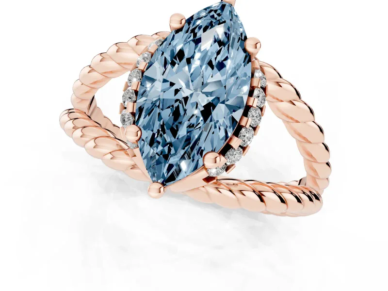 Fancy Blue Marquise Cut Diamond Halo Ring Set in Rose gold with Twisted Band and Prong Setting
