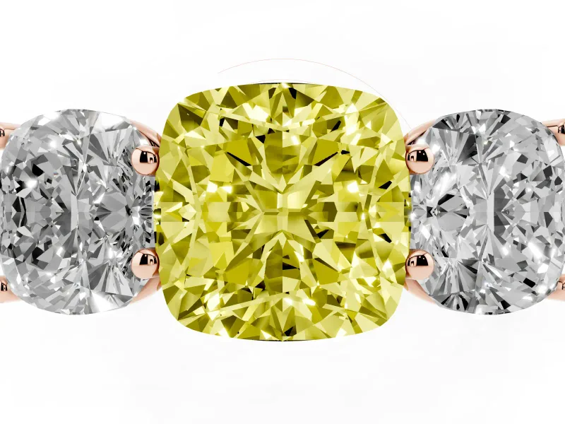 Cushion Cut Three Stone Engagement Ring Setting for a Fancy Yellow Lab-Grown Diamond | Basket Prong Heads | Rose Gold
