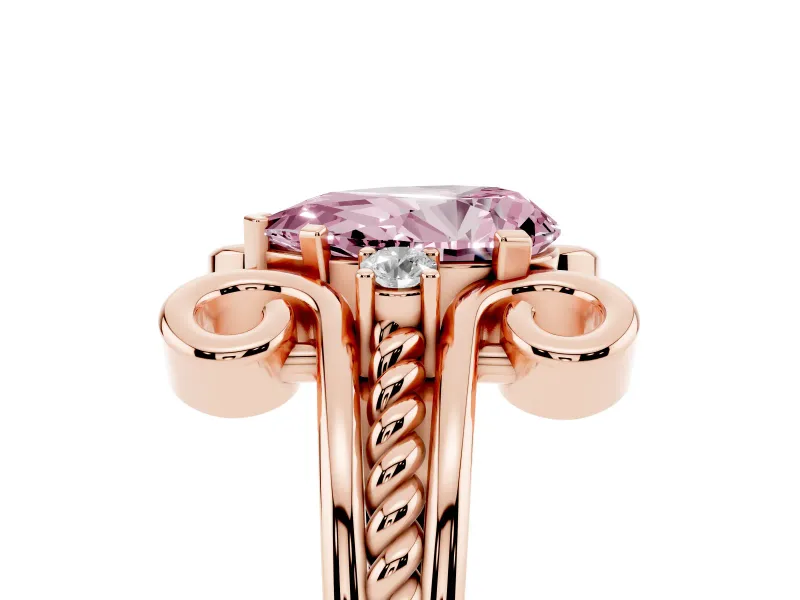 Fancy Pink Pear Cut Diamond Twisted Band Solitaire Ring Set in Rose gold with Scroll Prongs