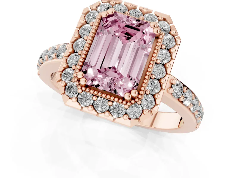 Emerald Cut Milgrain Halo Engagement Ring Setting for a Fancy Pink Lab-Grown Diamond | Pavé Shoulders | Rose Gold