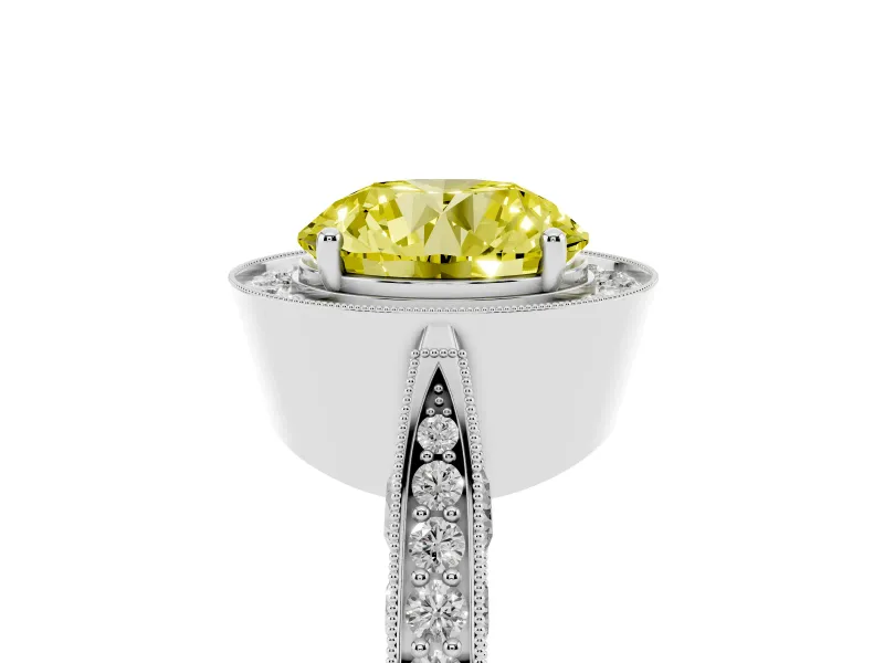 Round Milgrain Halo Engagement Ring Setting for a Fancy Yellow Lab-Grown Diamond | Side Stones | Platinum