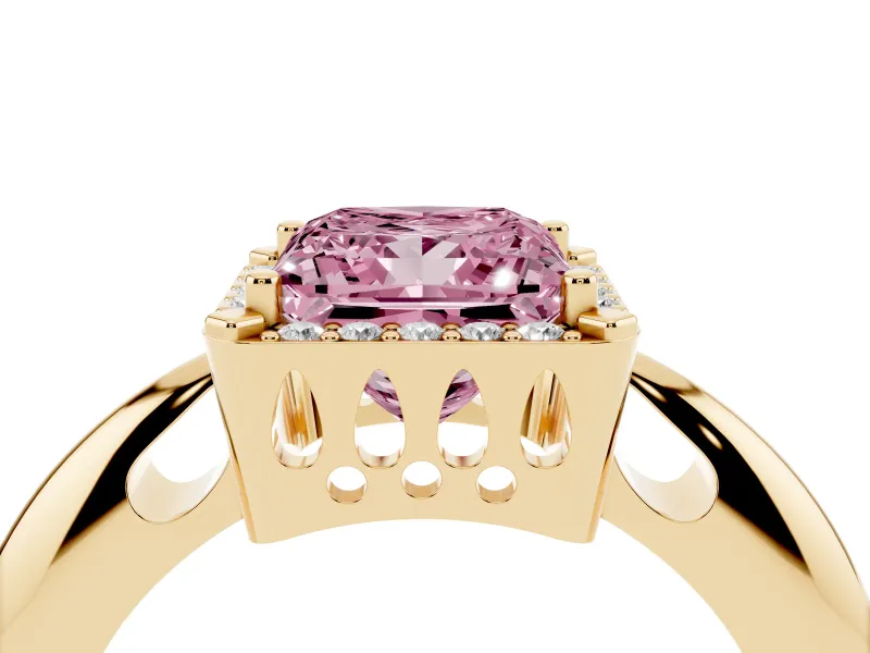 Fancy Pink Princess Cut Diamond Halo Engagement Ring Set in Yellow gold with Plain Split Shank and Prong Setting