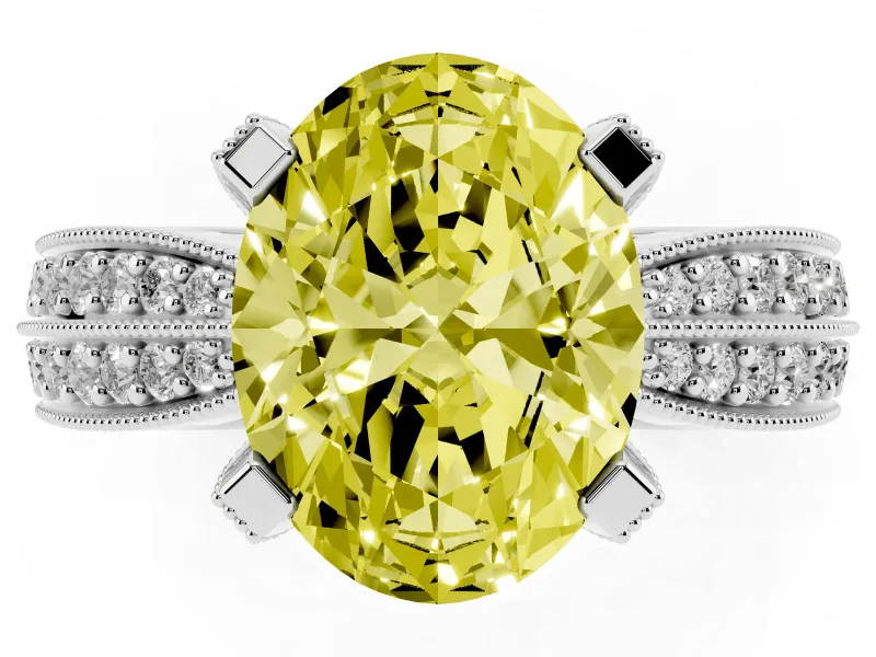 Fancy Yellow Oval Cut Diamond Solitaire Ring Set in Silver with Milgrain Double Row Round Pavé Band