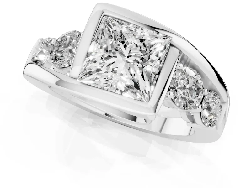 Princess Cut Diamond Bezel Bypass Ring Set in White gold with Round Accents