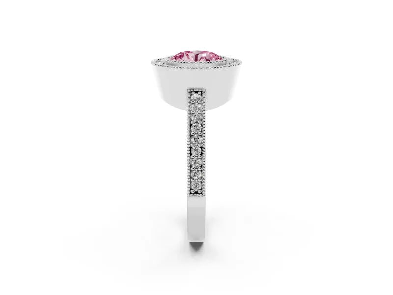 Fancy Pink Round Cut Diamond Halo Engagement Ring Set in White gold with Pavé Band and Round Halo Stones