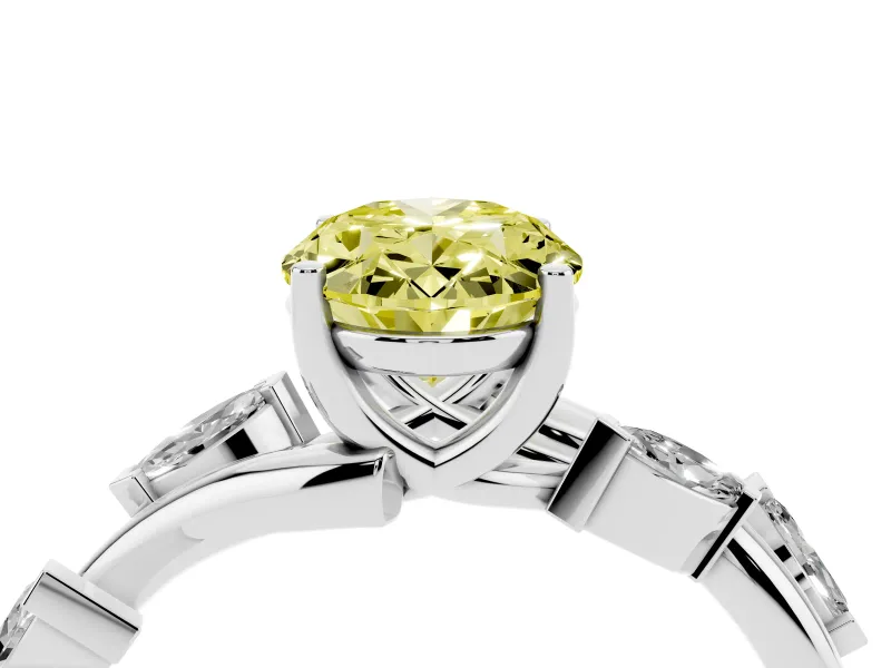 Fancy Yellow Oval Cut Diamond Solitaire Ring Set in White gold with Twisted Marquise Accent Band