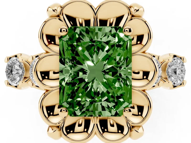 Radiant Cut Floral Engagement Ring Setting for a Fancy Green Lab-Grown Diamond | Petal Frame | Yellow Gold