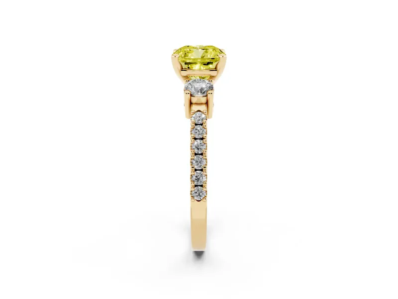 Cushion Cut Three Stone Engagement Ring Setting for a Fancy Yellow Lab-Grown Diamond | Pavé Band | Yellow Gold