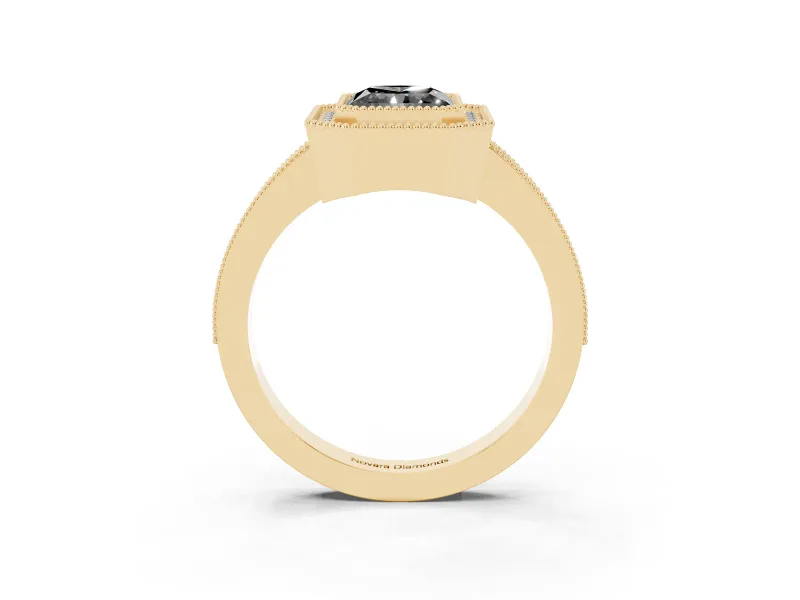 Radiant Cut Milgrain Halo Engagement Ring Setting for a Black Center | Pavé Band | Yellow Gold