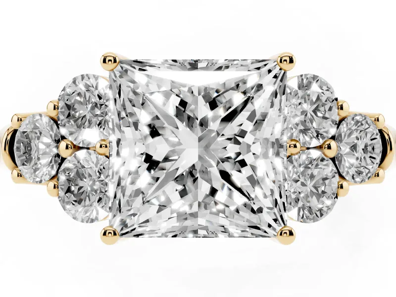 Princess Cut Side Stone Engagement Ring Setting | Triangle Side Clusters | Yellow Gold